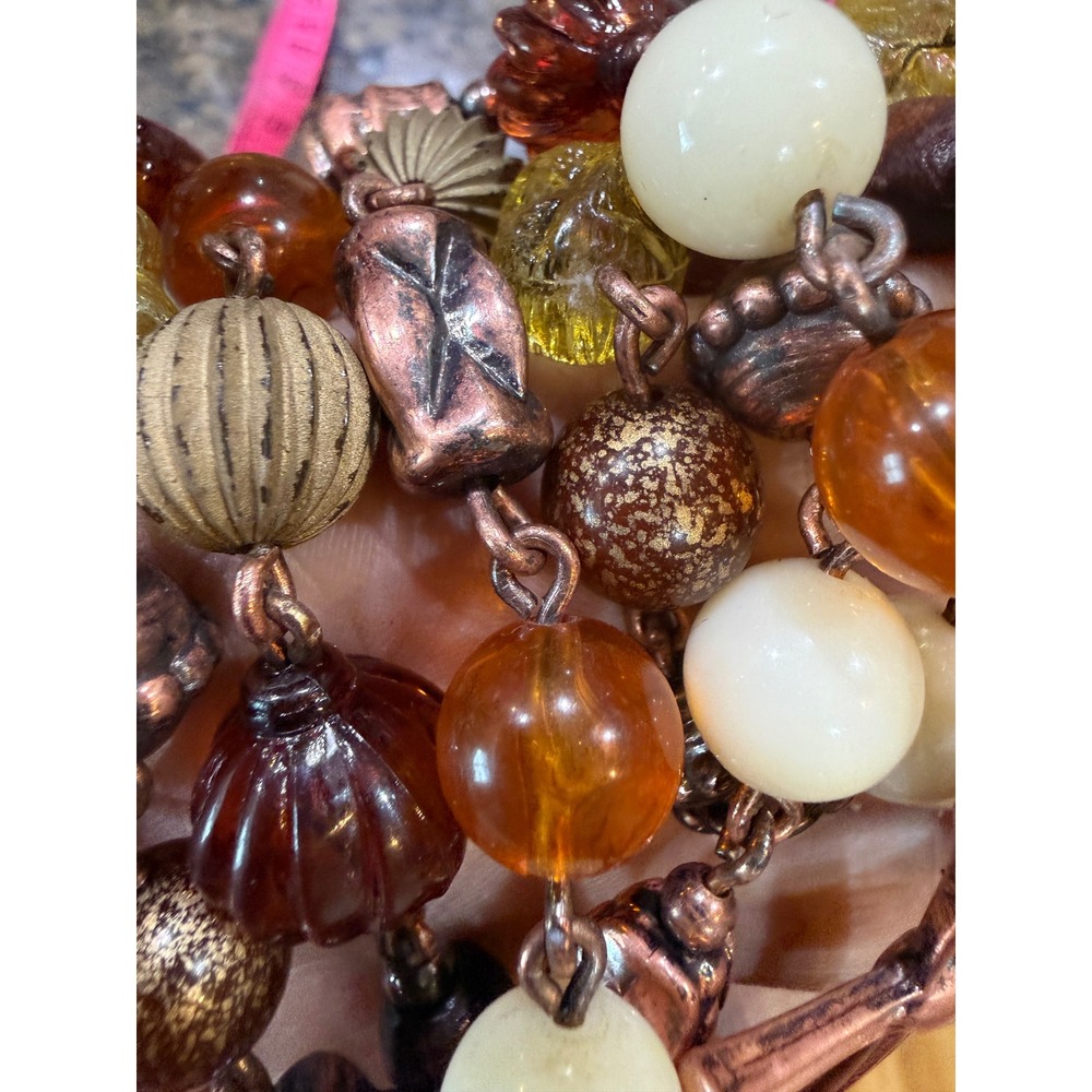 Boho Double Strand Beaded Necklace Copper Flared Cross Amber Cream Earth Tones - Picture 10 of 12